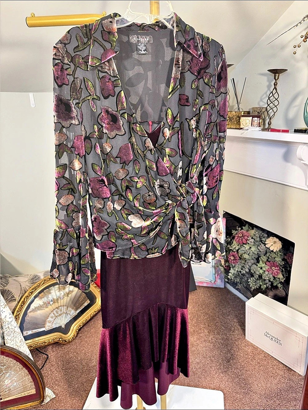 2 Piece Velvet Dress /SILKLAND Floral Overlay Top Tie Front Burnout/Sheer